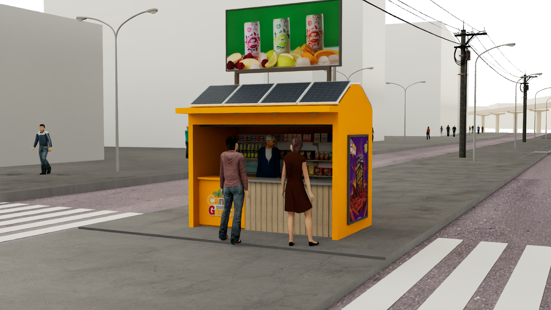 Vista frontal del quiosco Canas con Ganas en esquina urbana