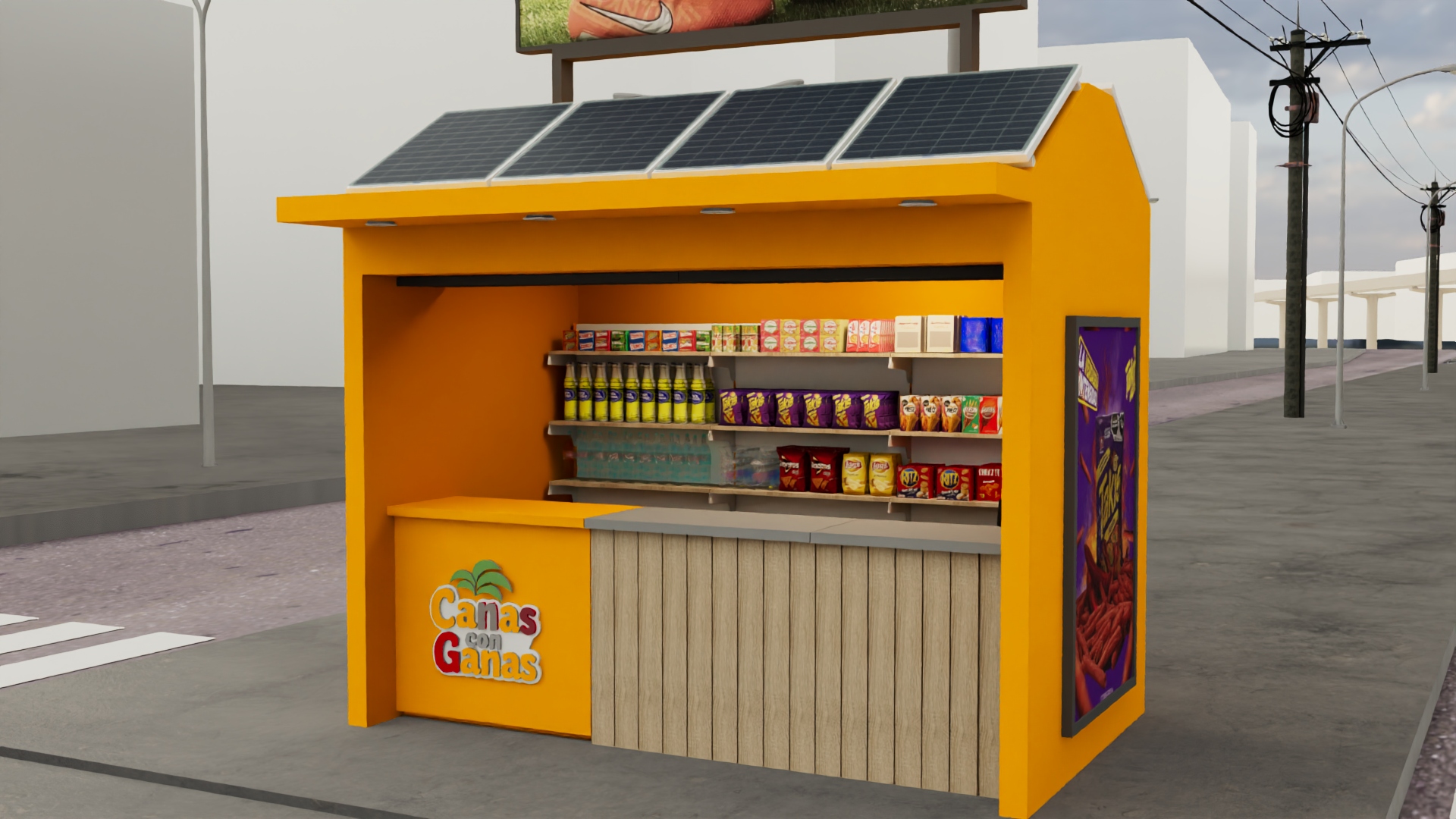 Vista frontal del quiosco completo con mercadería