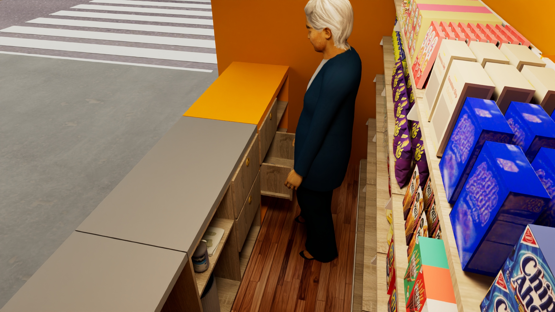 Interior con adulto mayor y almacenamiento